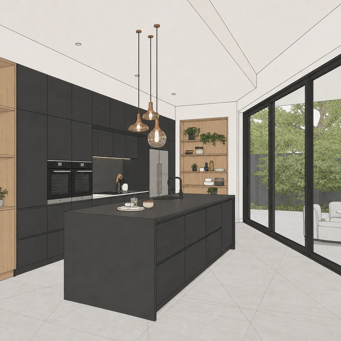 SketchUp-export van een keuken met donkere fronten en een kookeiland