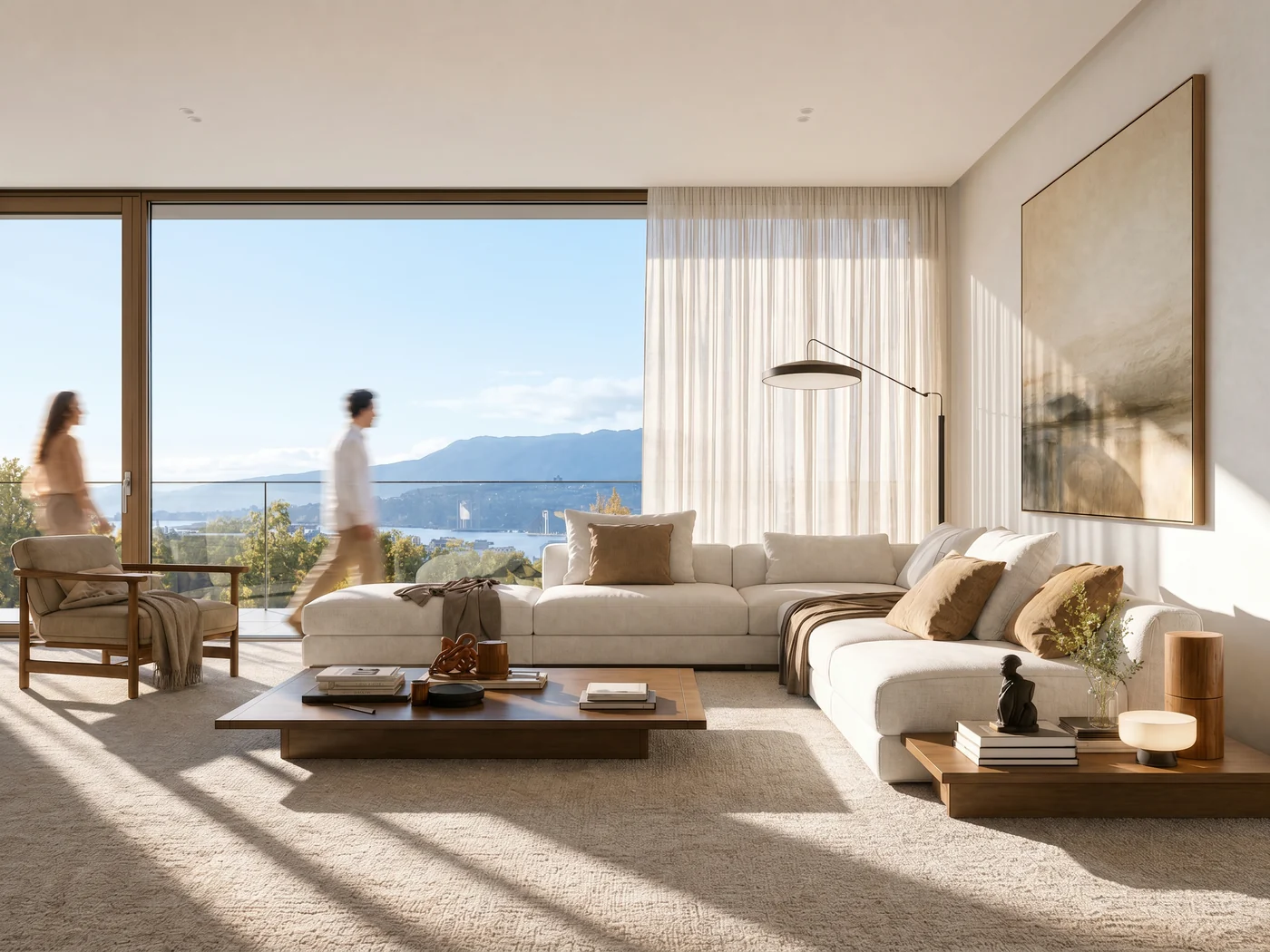 Dezelfde woonkamer na Sherpa: daglicht, textiel, styling en schaduwen