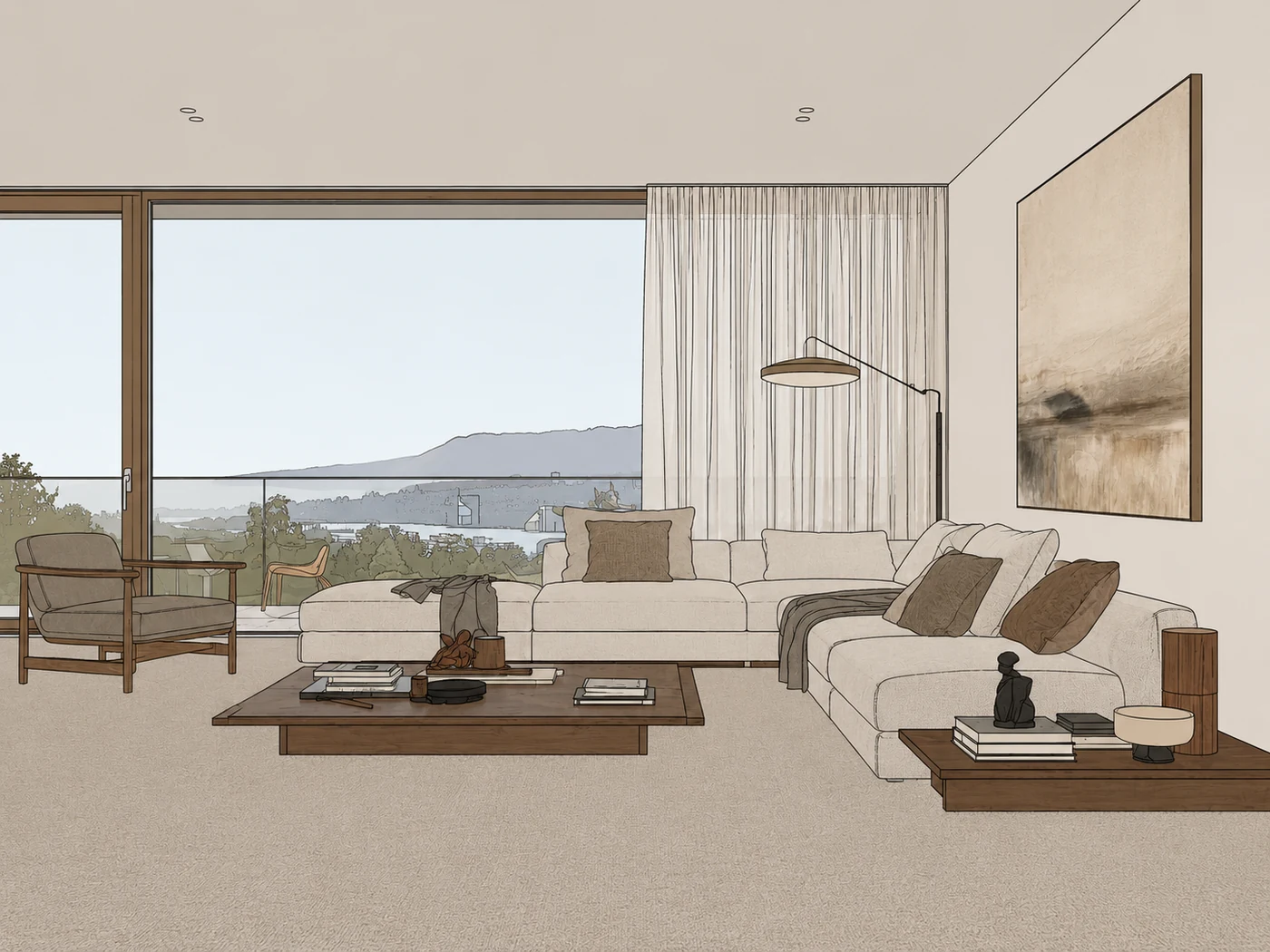 SketchUp-export van een woonkamer op ooghoogte met uitzicht op een meer