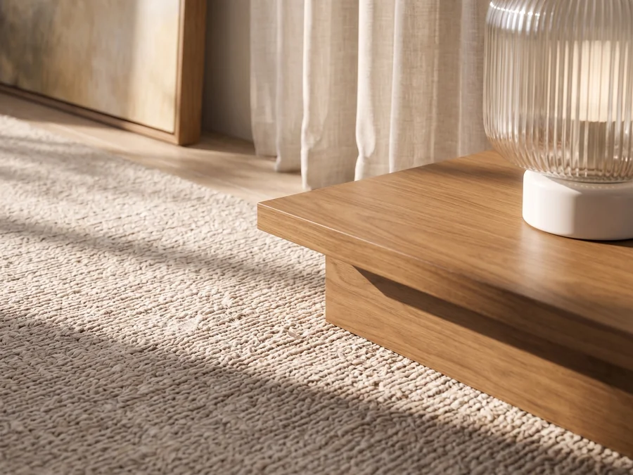Detailshot van het materiaal: het weefsel van het vloerkleed en het houten tafelblad