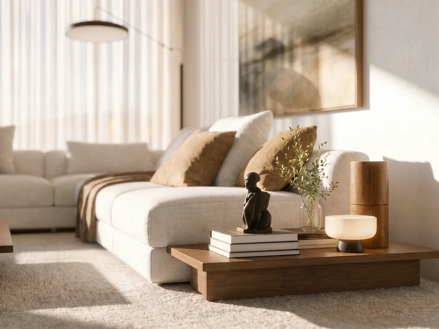 Detailshot van de styling: boeken, vaas en accessoires op de salontafel