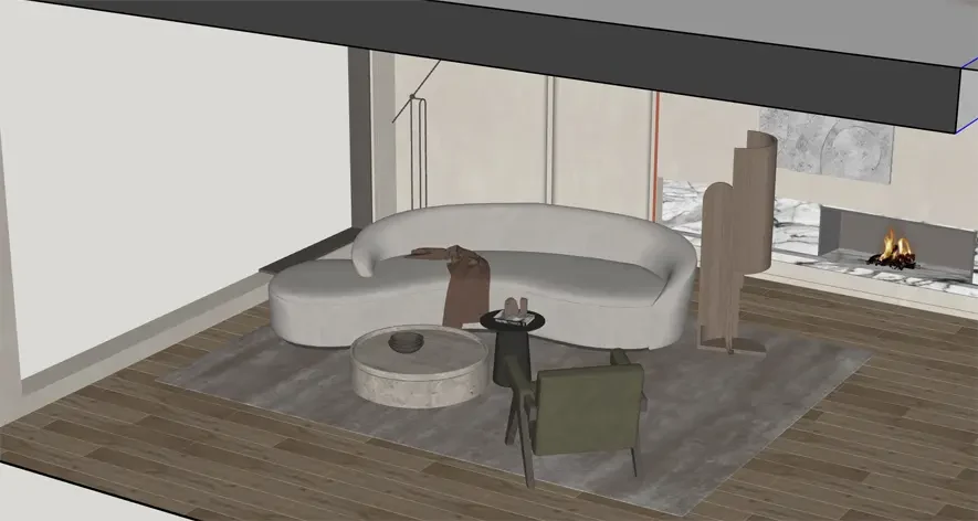 SketchUp-export met de camera hoog boven de ruimte: de bank oogt plat en de wanden vallen weg