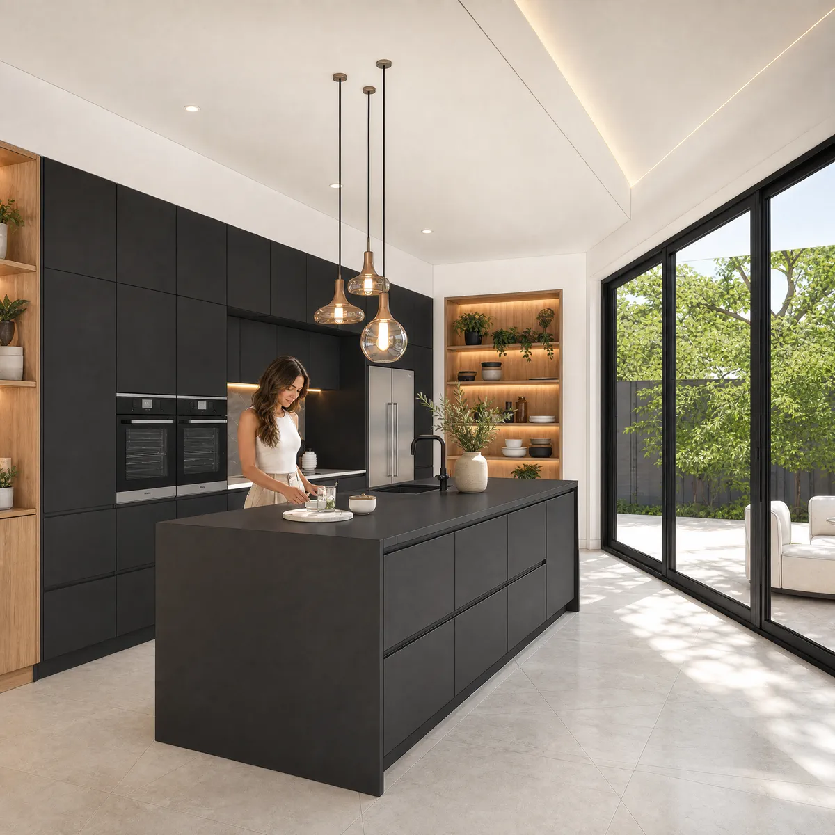 Keuken met kookeiland, gerenderd met Sherpa: Zonlicht